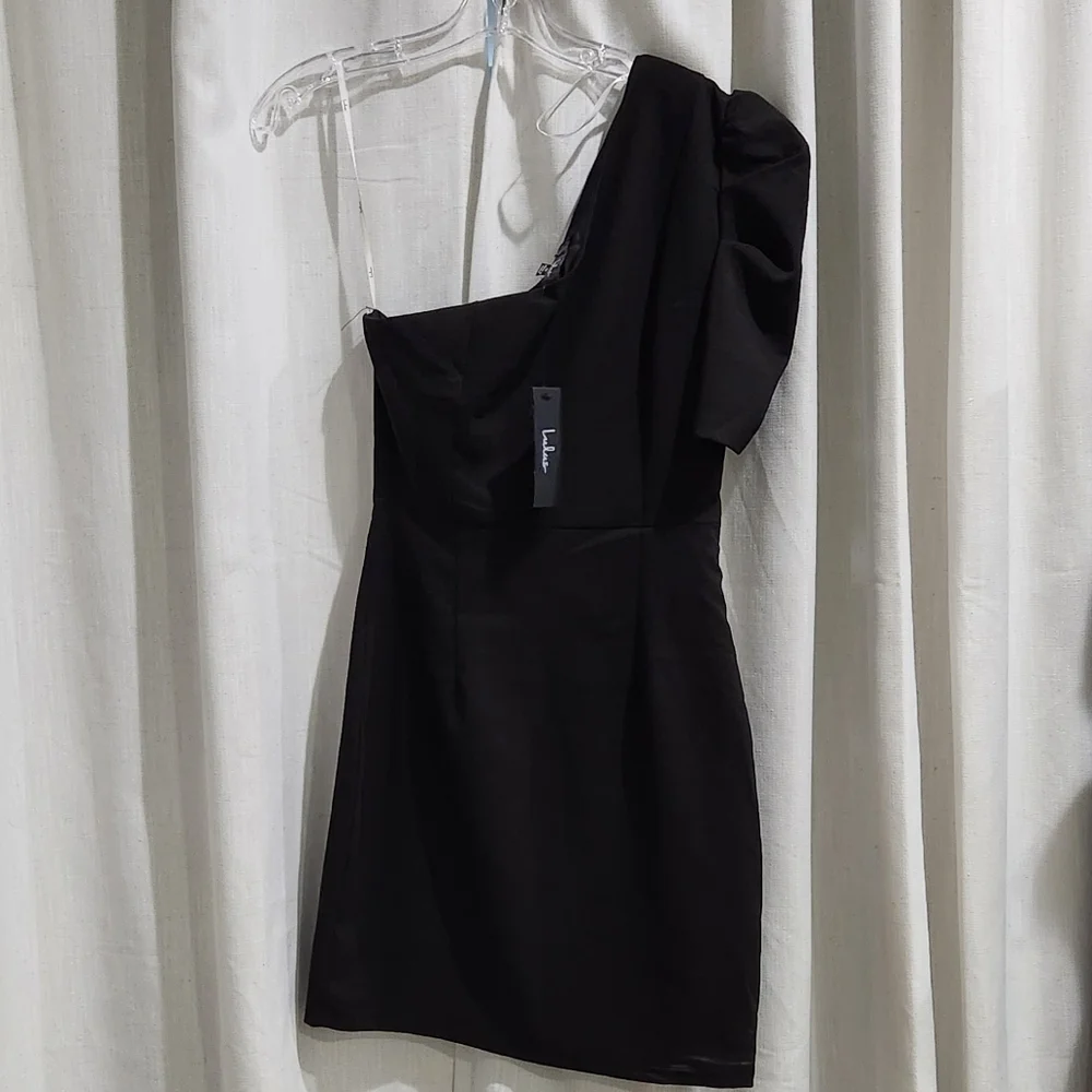 NWT LULUS Stay Gorgeous‎ Black One-Shoulder Puff Sleeve Mini Dress M - Picture 5 of 6